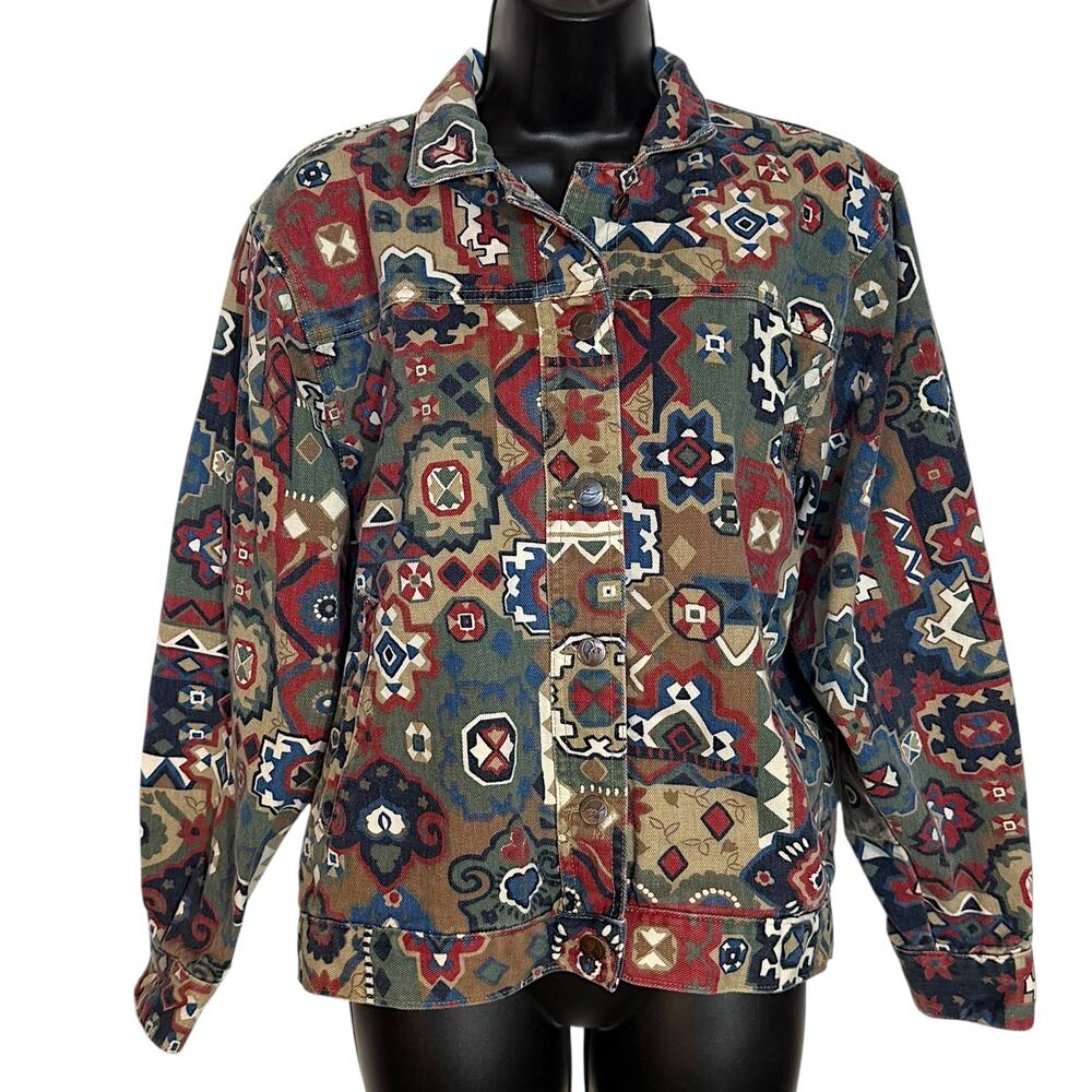 Gotcha Covered Vtg 90s Aztec Southwestern Geometric Denim Shirt Jacket Western S